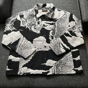 Rebel Vengeance Jacket Mens Medium Black Skull Wings Tapestry Button Bomber